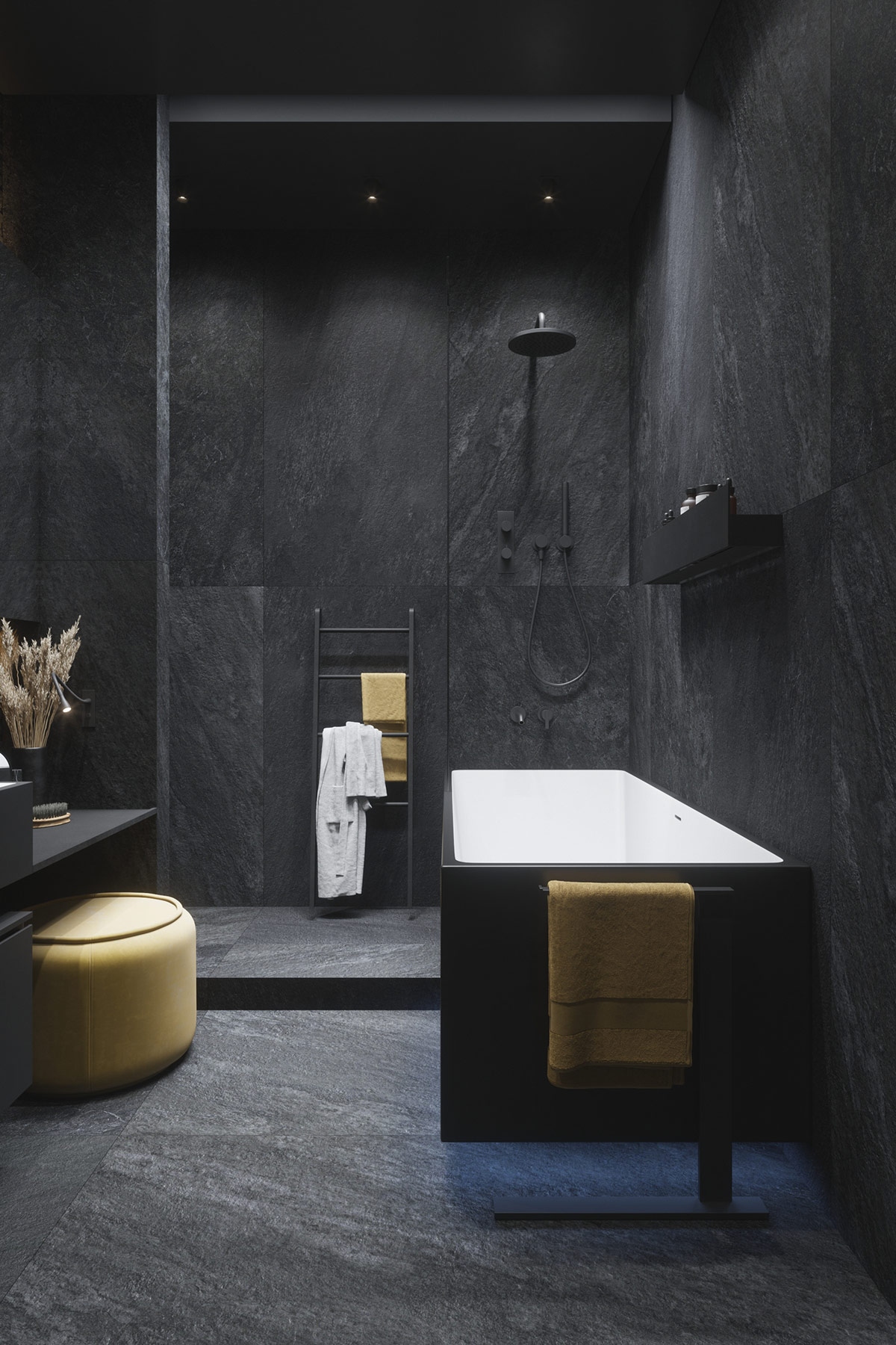 Đồ đạc vòi hoa sen màu đen được lắp đặt trên một bồn tắm được trang bị./.