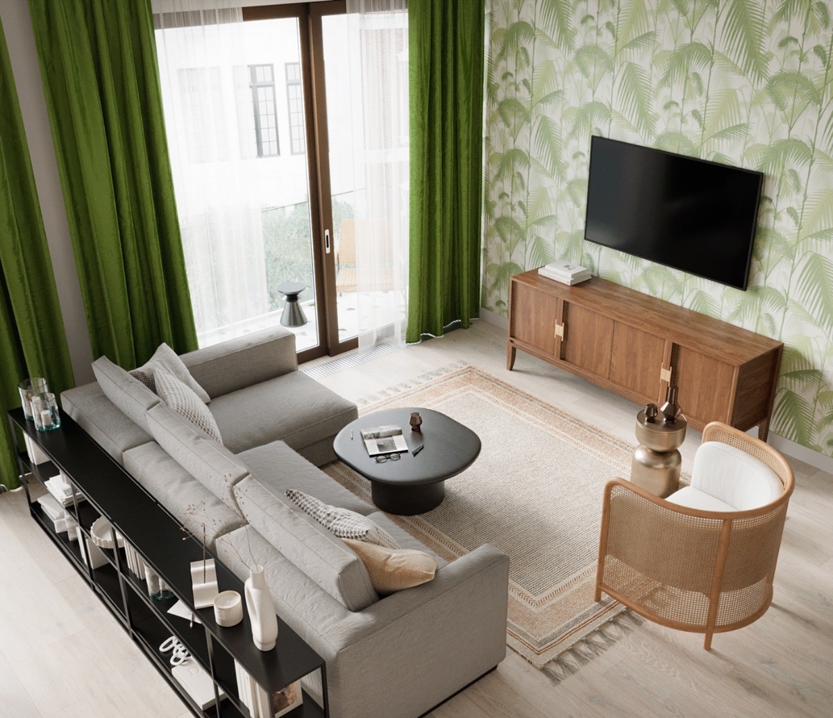 Một phòng khách màu xanh lá cây hoạt động tốt với các chủ đề thực vật, chẳng hạn như giấy dán tường in hình chiếc lá, đệm hoa hoặc tác phẩm nghệ thuật thực vật.