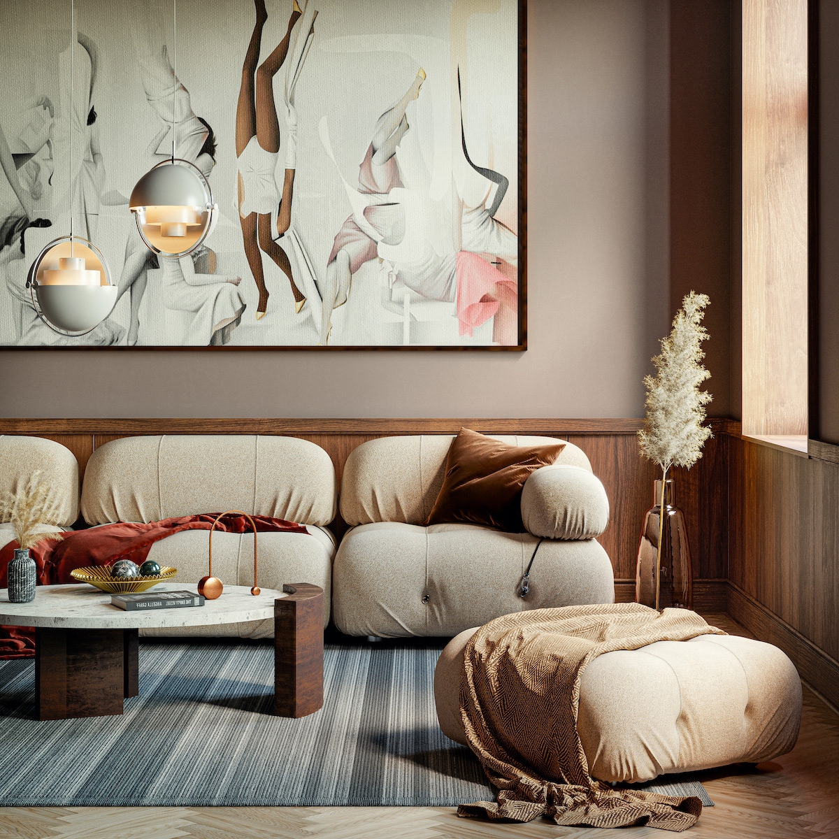 Tăng cường sơ đồ trang trí màu be mềm mại với các mảnh màu nâu và xám đậm hơn. Sự kết hợp tông màu sẽ đạt được một cái nhìn nhiều lớp với chiều sâu tuyệt vời.