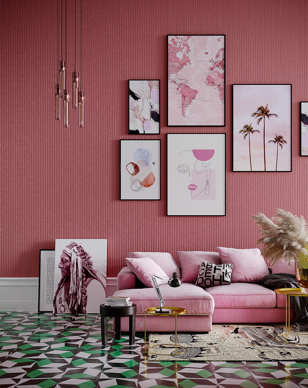 Phòng khách có tông màu xanh lá cây và màu hồng tươi sáng, kết hợp với sự tương phản rõ nét của màu đen và trắng, tạo thành một không gian vui tươi pha chút nữ tính mát mẻ