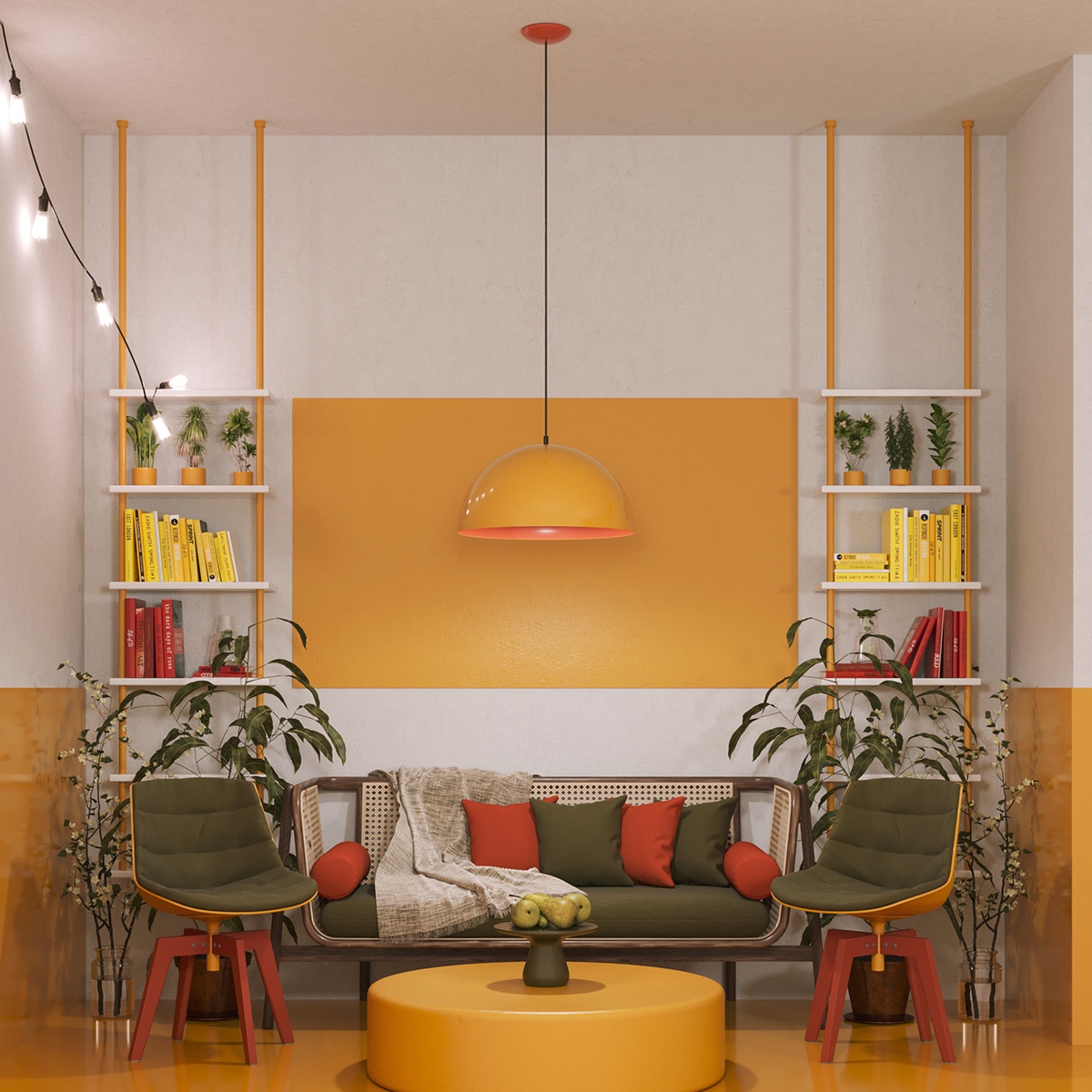 Phòng khách màu vàng với các điểm nhấn là màu cam cháy và xanh đậm là hoàn hảo để tạo nên phép thuật hiện đại giữa thế kỷ.