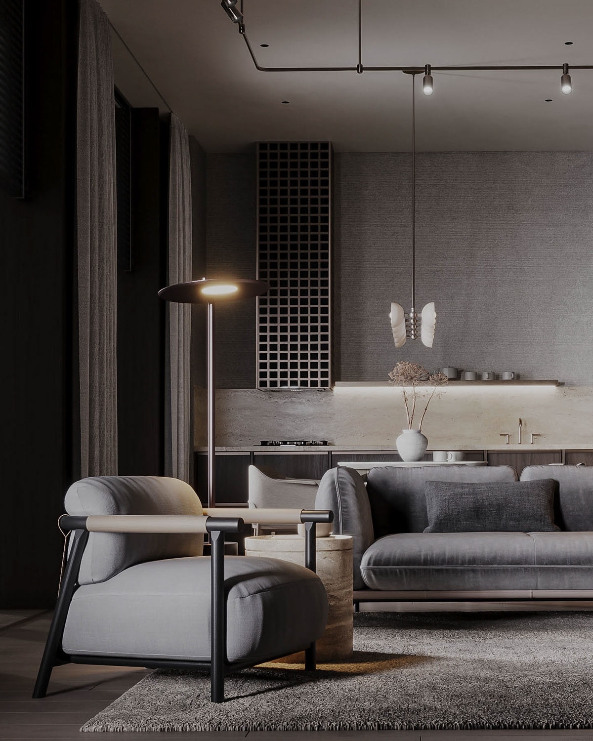 Một chiếc đèn sàn kiểu dáng đẹp được kết hợp với một chiếc ghế dài thoải mái để tạo thành một khu vực đọc sách.