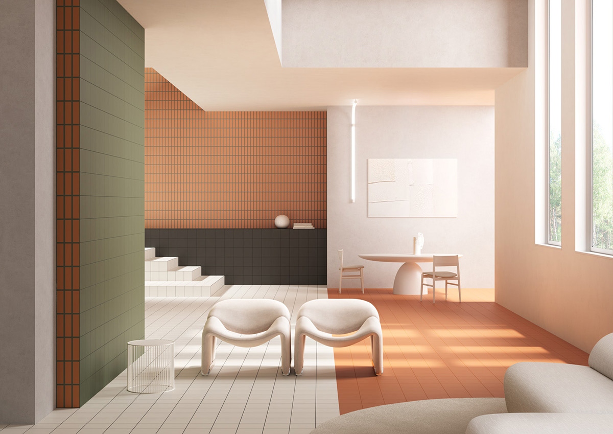 Cố định một sơ đồ trang trí phòng khách màu xanh lá cây mơ và cây xô thơm với các mảng xen kẽ màu xám than.