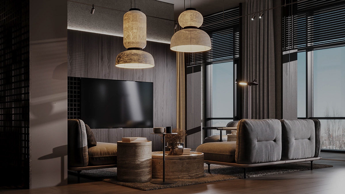 Các phần sofa mô-đun được chia nhỏ để nhận được sự sắp xếp của bàn cà phê tròn và một chiếc bàn phụ mảnh mai.