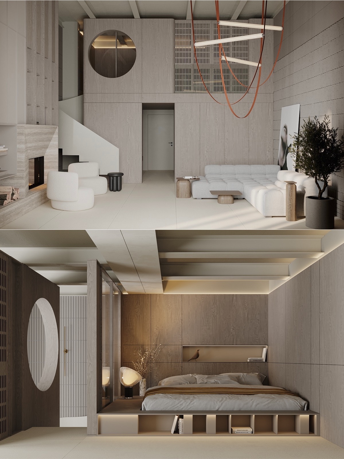 Nếu bạn muốn có nhiều sự riêng tư hơn, bạn có thể lấp đầy tầng lửng nửa chiều cao bằng các tấm ốp hấp dẫn. Áp dụng các tấm chắn muxarabi hoặc cửa sổ ô cửa sổ để cho phép ánh sáng tự nhiên lọt vào không gian sống. 