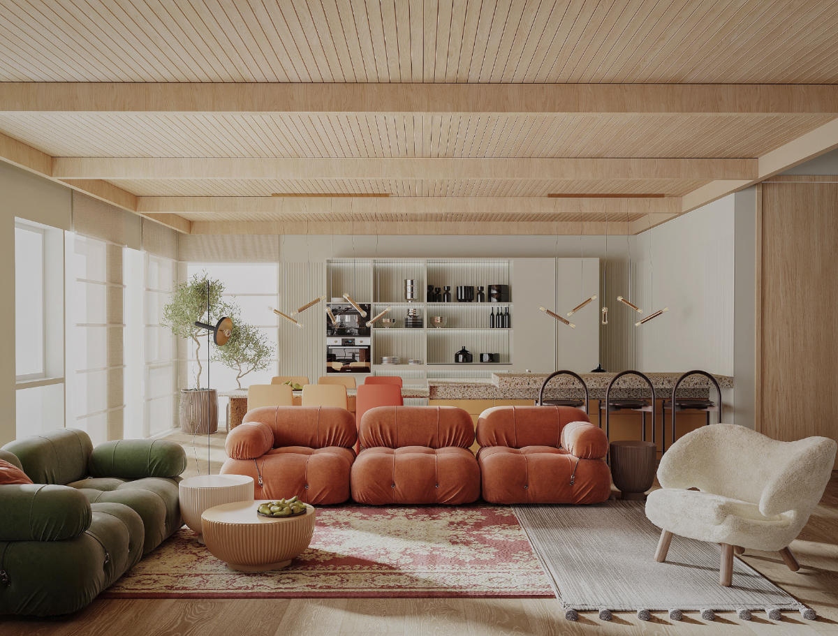 Một không gian phòng khách được làm nổi bật với các tông màu ấm của những chiếc sofa. 