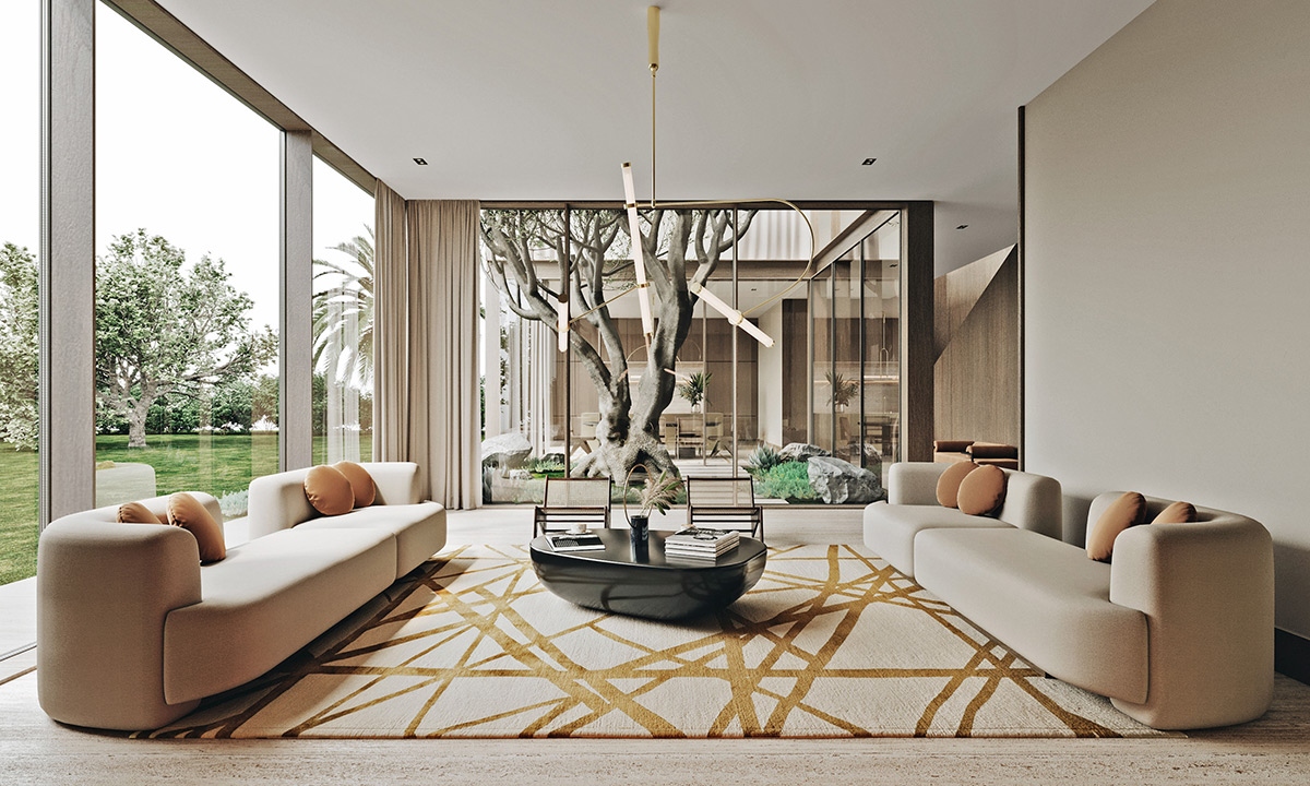 Chọn màu nâu vàng và màu be để tạo nên một khung cảnh tinh tế. Phông nền màu be nhạt tạo nên một lớp nền yên tĩnh, trong khi các sắc thái vàng của màu nâu tạo nên sự ấm áp cho đệm và thảm.