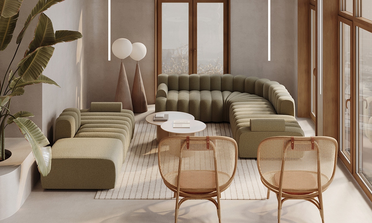 Nhẹ nhàng làm sống động môi trường xung quanh màu xám với đồ nội thất bọc màu xanh lá cây và ghế đan bằng liễu gai tự nhiên. Sự kết hợp màu đất sẽ khiến bạn cảm thấy cân bằng và hồi sinh.