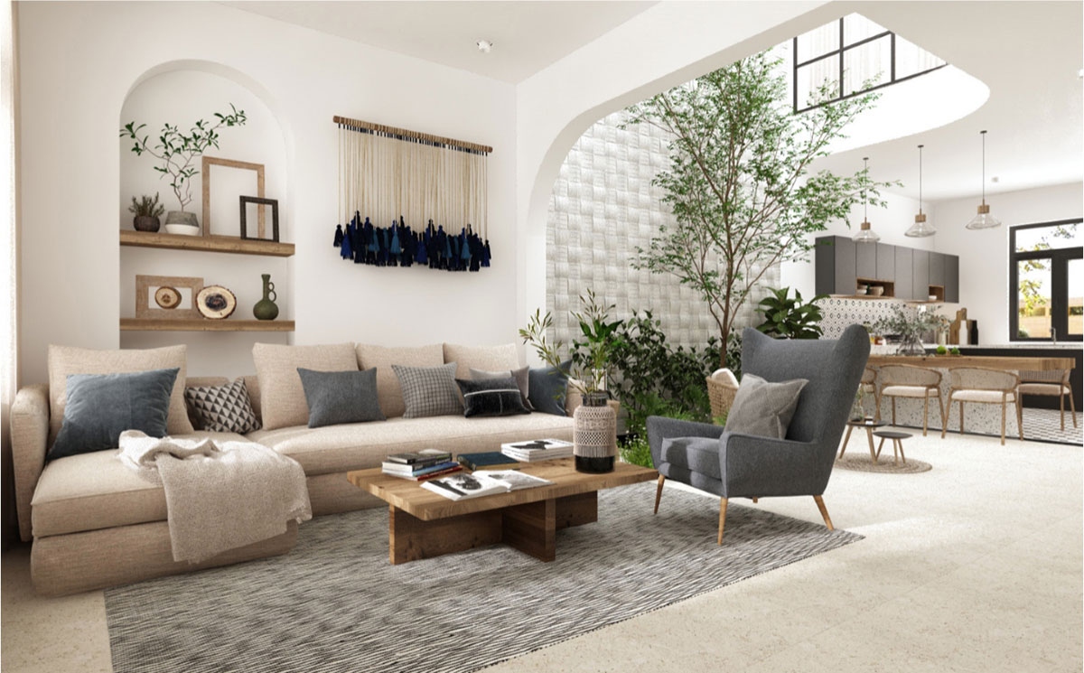 Nội thất bất cân xứng: Nội thất của kiến trúc Địa Trung Hải thường dàn trải không đối xứng. Đa phần sử dụng hình chữ nhật và hình vuông. Ảnh minh họa