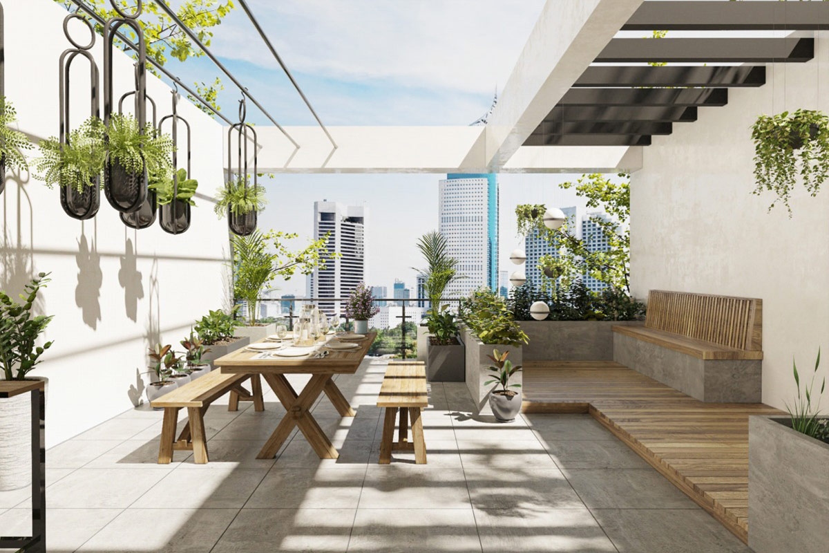 Bạn có thể ăn tối trên sân thượng trong không gian của một khu vườn treo.