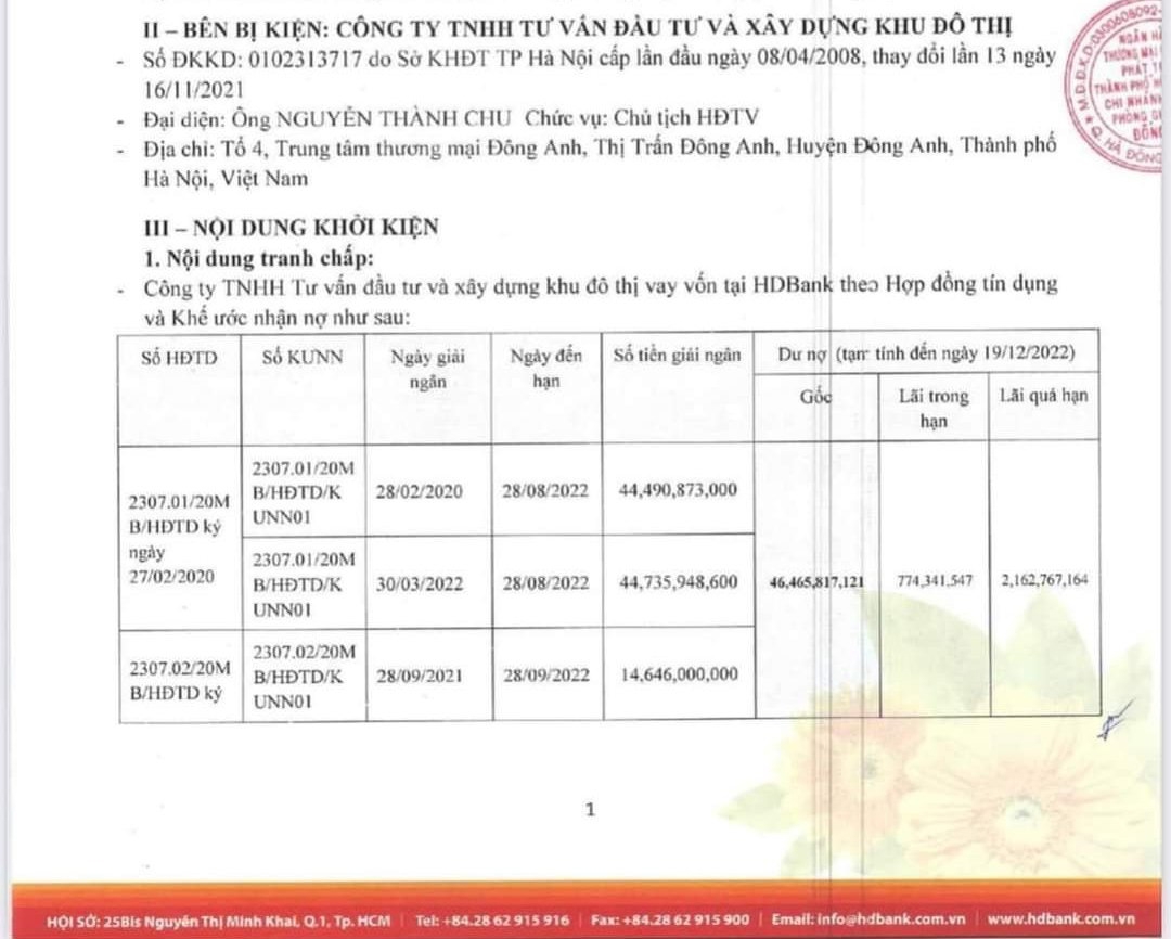 Theo đơn kiện của Ngân hàng HD Bank, Công ty TNHH Tư vấn và Đầu tư xây dựng Khu đô thị đã thế chấp dự án từ tháng 2/2020, trước thời điểm rao bán đất cho người dân