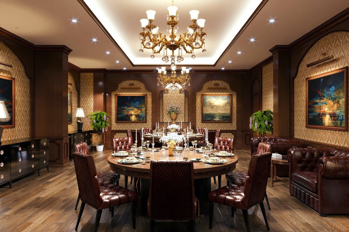Nhà hàng sang trọng với thiết kế đèn chùm.