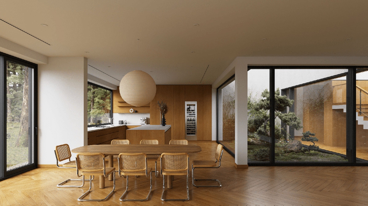 Bạn cũng có thể sử dụng thêm cửa kính để ánh sáng tràn vào khu vực phòng ăn.