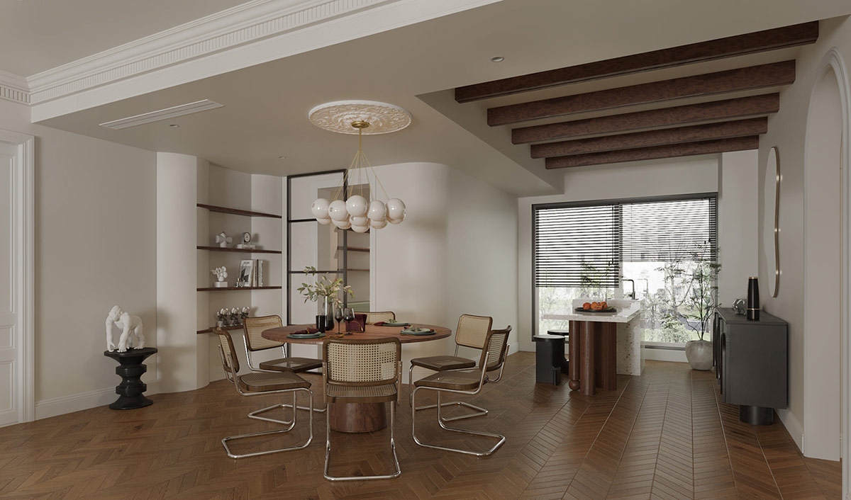 Gỗ được sử dụng để trang trí trần nhà mang lại cảm giác vừa cổ điển, vừa tươi mới.