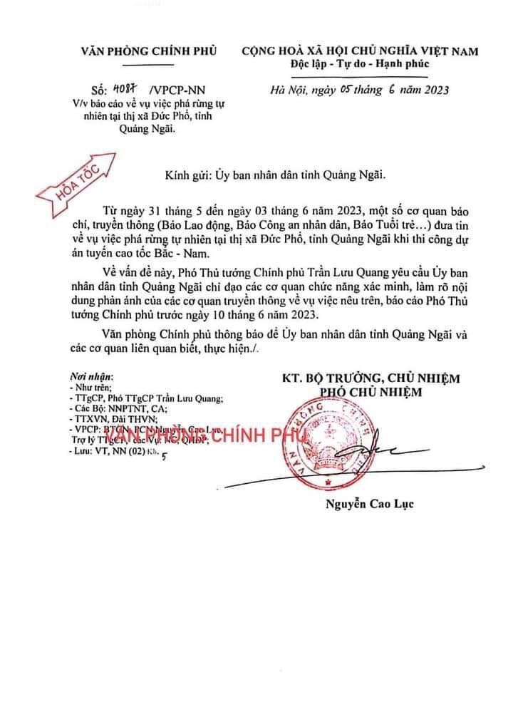 Công văn của Văn phòng Chính phủ gửi UBND tỉnh Quảng Ngãi.