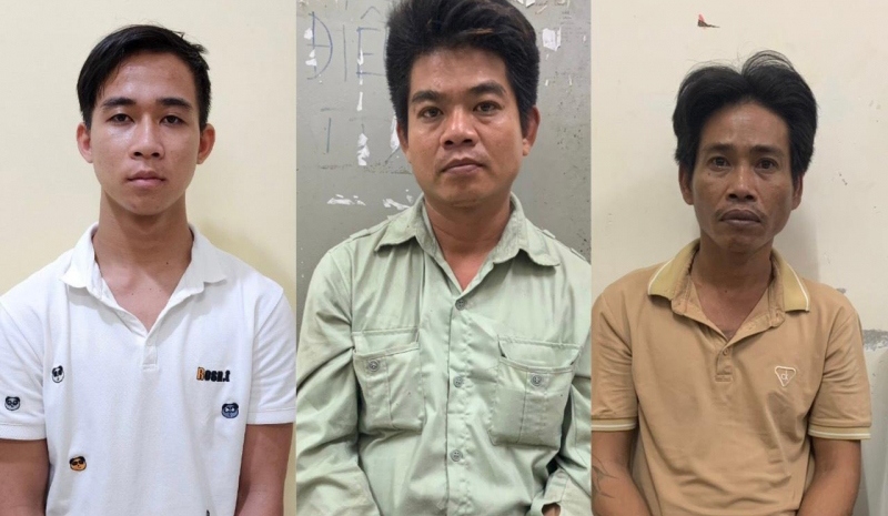 Các đối tượng tại cơ quan Công an (từ trái qua): Lê Nguyễn Tín, Trương Văn Thanh và Trương Ngọc Thơi.