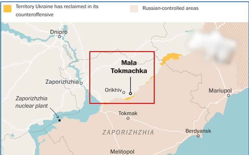 Khu vực ngôi làng Mala Tokmachka trên bản đồ. Đồ họa: Viện nghiên cứu chiến tranh (ISW).