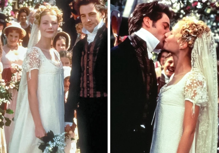 Emma là bộ phim được chuyển thể dựa trên tiểu thuyết cùng tên, trong đó Gwyneth Paltrow đóng vai chính. Câu chuyện xảy ra vào đầu thế kỷ 19 khi Emma dành thời gian mai mối cho những người quen mà quên mất khoảng trời hạnh phúc của mình. Cuối cùng, cô kết hôn với Knightley, người bạn luôn dành tình cảm cho cô. Váy cưới của Emma được làm bằng lụa crepe và thêu một hình cành cây nhỏ. Nhà thiết kế trang phục trong bộ phim giải thích rằng khi tạo ra chiếc váy này, cô ấy muốn thể hiện niềm hạnh phúc của vùng quê nước Anh vào một ngày nắng đẹp. Và rõ ràng là cô ấy đã thành công.