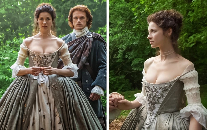 Claire đóng vai chính trong bộ phim truyền hình Outlander. Trong phim, cô bị kẹt giữa hai giai đoạn lịch sử khó khăn của đất nước. Để bảo vệ bản thân, cô phải kết hôn với Jamie và chẳng bao lâu sau, cả hai yêu nhau điên cuồng. Trong lễ cưới, Claire đã mặc chiếc váy xám đẹp rực rỡ dưới ánh nến lung linh. Cô nàng như bước ra từ một câu chuyện cổ tích. Khi tạo ra chiếc váy, nhà thiết kế Terry Dresbach muốn có một chiếc váy phù hợp thị hiếu khán giả đương thời mà vẫn mang phong cách thế kỷ 18.
