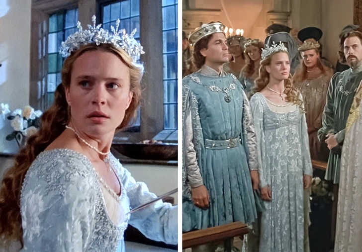 The Princess Bride là một câu chuyện sử thi về chuyện tình yêu người phụ nữ xinh đẹp nhất thế giới và một người nông dân. Công chúa Buttercup bị buộc phải hứa hôn với Hoàng tử Humperdinck nhưng trái tim của cô ấy đã thuộc về chàng nông dân Westley. Chiếc váy cưới màu xanh lam nhạt đẹp tuyệt vời của công chúa được trang trí bằng ngọc trai. Thiết kế phần ren váy hoàn hảo, phù hợp với bối cảnh phim trung cổ và địa vị cao quý của nàng công chúa.