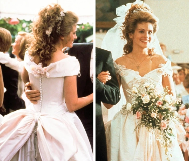 Một trong những chi tiết ngọt ngào nhất trong phim Steel Magnolias là đám cưới của Shelby do diễn viên Julia Roberts thủ vai. Khi bước vào đám cưới, Shelby diện chiếc váy cưới để lộ vai trần quyến rũ. Phần cổ váy được đính kết thêm hoa. Tiếp đến là một chiếc nơ màu hồng cỡ lớn được gắn trên thân váy làm bộ trang phục thêm lộng lẫy.