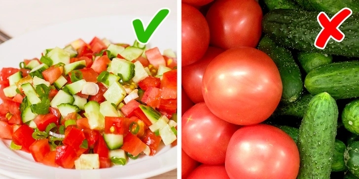 Dưa chuột và cà chua: Dù dưa chuột và cà chua là sự kết hợp tuyệt vời cho món salad. Nhưng dưa chuột rất nhạy cảm với ethylene tiết ra từ cà chua. Do vậy, dưa chuột sẽ chuyển sang màu vàng sớm hơn nếu bảo quản cùng cà chua.