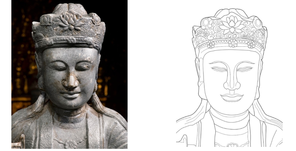 Phần khuôn mặt tượng Quan Âm, đầu đội mũ thiên quan (Ảnh: Hiếu Trần)