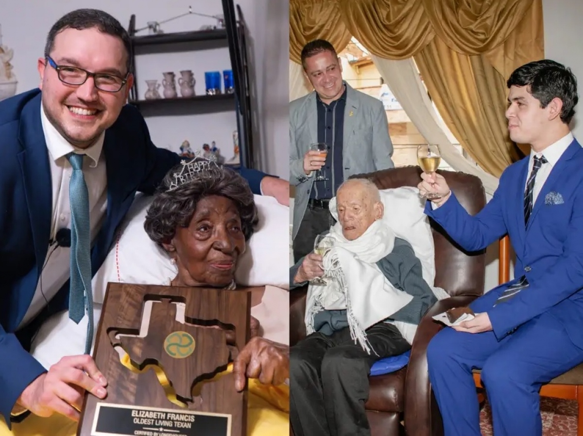 Ben Meyers và Fabrizio Villatoro (mặc các bộ vest xanh) trong một lần gặp gỡ những người trăm tuổi từ khắp nơi trên thế giới