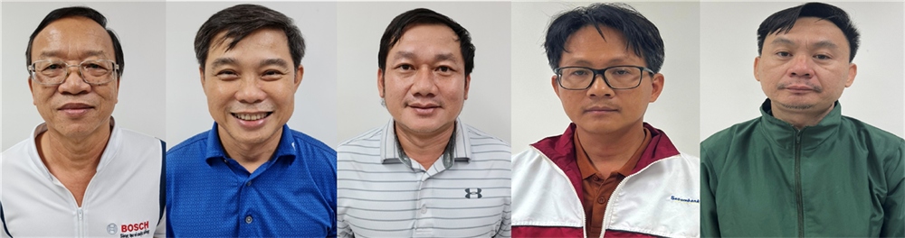 Các bị can (từ trái qua phải): Trần Ngọc Linh; Nguyễn Thành Ngôn; Trương Tấn Đạt; Lê Quang Nghĩa; Tạ Thúc Thông