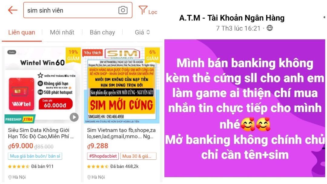 Mua SIM kích hoạt sẵn dễ như… ''mua rau'', từ các cửa hàng đến sàn thương mại điện tử. Tương tự, tình trạng mua bán tài khoản ngân hàng cũng diễn ra phổ biến, trở thành công cụ cho tội phạm lừa đảo chiếm đoạt tài sản.