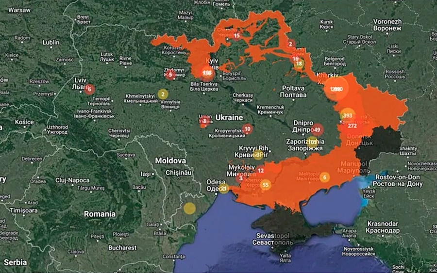 Bản đồ ô nhiễm bom mìn trong xung đột Nga - Ukraine, tính đến tháng 4/2023. Nguồn: Cơ quan Tình trạng khẩn cấp nhà nước của Ukraine.