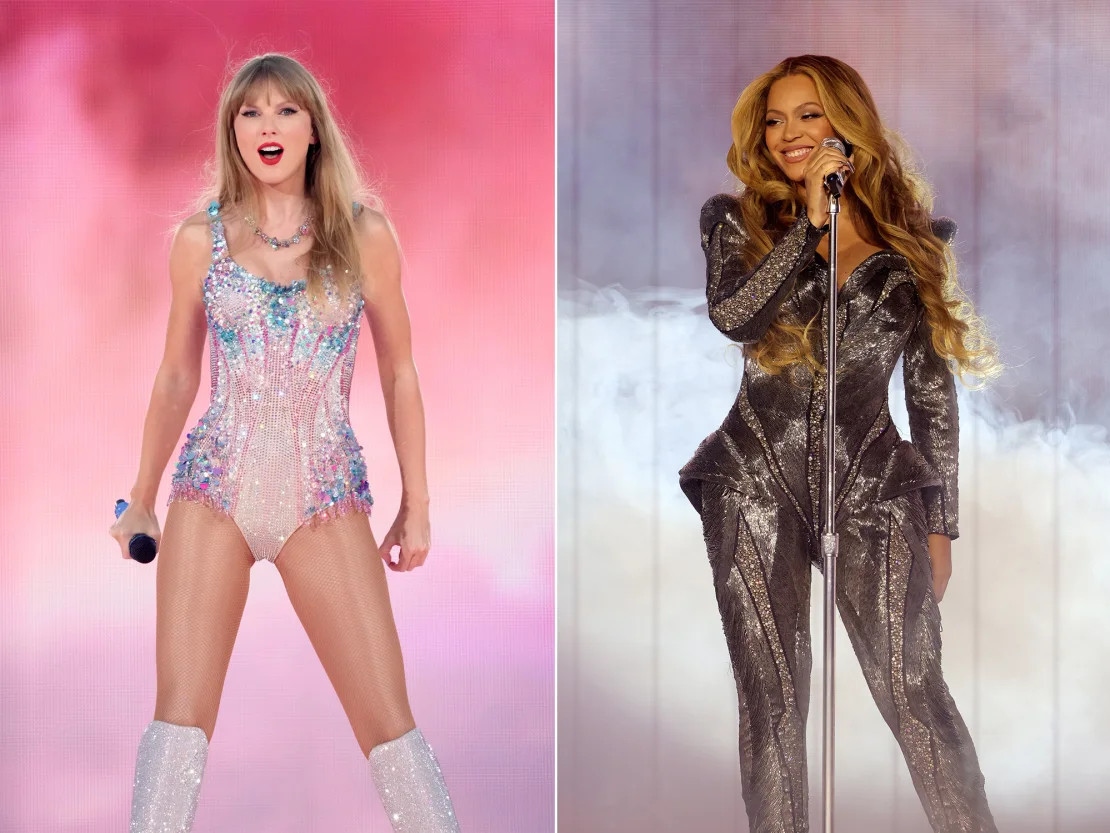 Taylor Swift biểu diễn tại Santa Clara, California trong "The Eras Tour" (Bên trái) và Beyoncé trong đêm khai mạc chuyến lưu diễn "Renaissance" tại Stockholm, Thụy Điển (Bên phải)