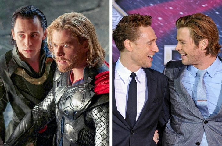 Chris Hemsworth và Tom Hiddleston: Hai diễn viên đóng vai anh em Loki và Thor, những người có mối quan hệ không tốt. Tuy nhiên, ngoài đời, họ thực sự khá thân thiết và có nhiều niềm vui khi diễn xuất cùng nhau. Trong một cuộc phỏng vấn, Hemsworth chia sẻ: “Bạn có thể hợp với ai đó hoặc không, nhưng may mắn thay, chúng tôi hợp nhau. Đóng vai anh em với Tom Hiddleston thật dễ dàng và thú vị".