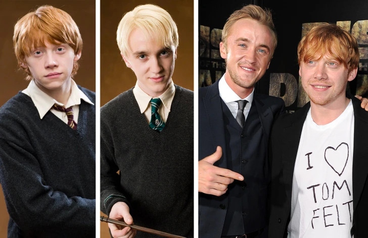 Tom Felton và Rupert Grint: Nhân vật Draco Malfoy, do Tom Felton thủ vai và Ron Weasley, do Rupert Grint thủ vai, có lẽ là cặp đôi nổi tiếng nhất khi đóng vai kẻ thù trong phim nhưng là bạn thân ngoài đời. Felton và Grint đã rất thân thiết trong gần một thập kỷ qua. Tình bạn của họ vẫn bền chặt như ngày nào.