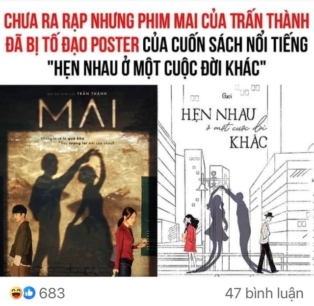 Hôm 4/1, mạng xã hội lan truyền hình ảnh poster phim Mai của Trấn Thành giống với bìa sách Hẹn nhau ở một cuộc đời khác. Thông tin này khiến người quan tâm. Một tài khoản bình luận: “Như vậy là copy chứ không thể trùng hợp”. Tài khoản khác nêu ý kiến: “Cố tình trùng hợp”. Phía đơn vị sản xuất cho biết ở hiện tại không có chia sẻ gì. “Nếu có thông tin mới chúng tôi sẽ cập nhật sau”, người đại diện cho hay. (Theo: Thanh Niên)