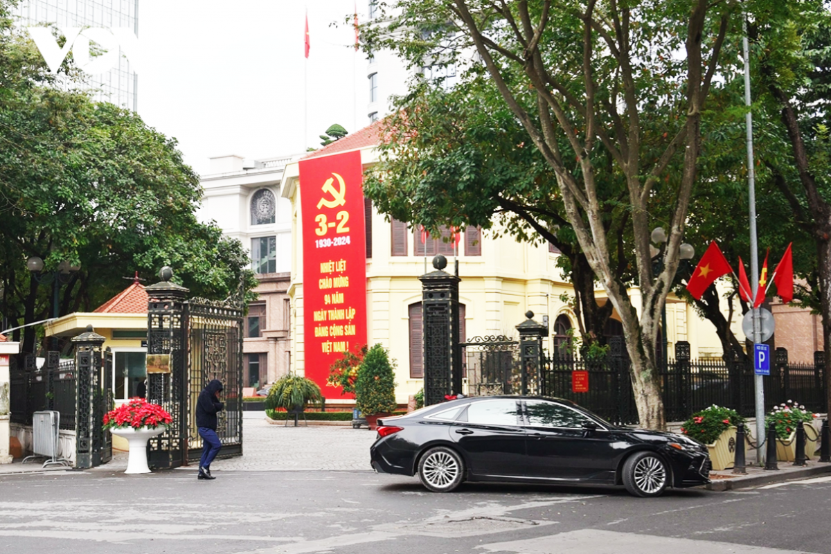 Office buildings across Hanoi are covered in red as part of the celebrations.