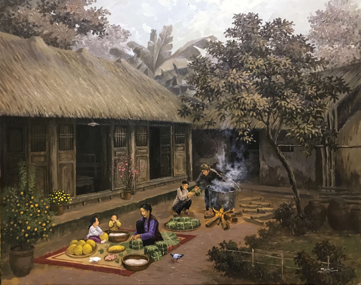 Những bức vẽ phác hoạ hình ảnh làng quê Việt ngày Tết khiến người xem chợt nhớ lại quê hương bình yên ngày thơ ấu. Với nhiều người, dù có đi xa hay đặt chân đến bao miền đất lạ nhưng nét mộc mạc, bình dị của quê hương vẫn luôn sống mãi trong tâm thức, không gì có thể thay đổi. 