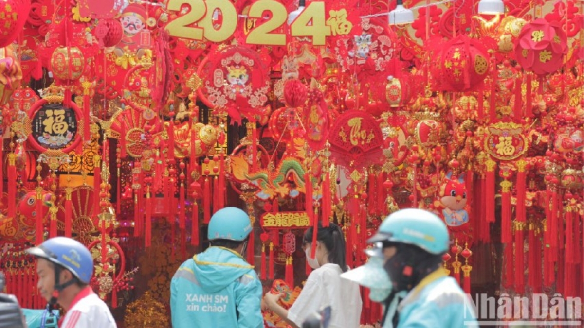 A range of colourful stickers sending wishes of luck and prosperity ahead of the Lunar New Year can be seen throughout the area.