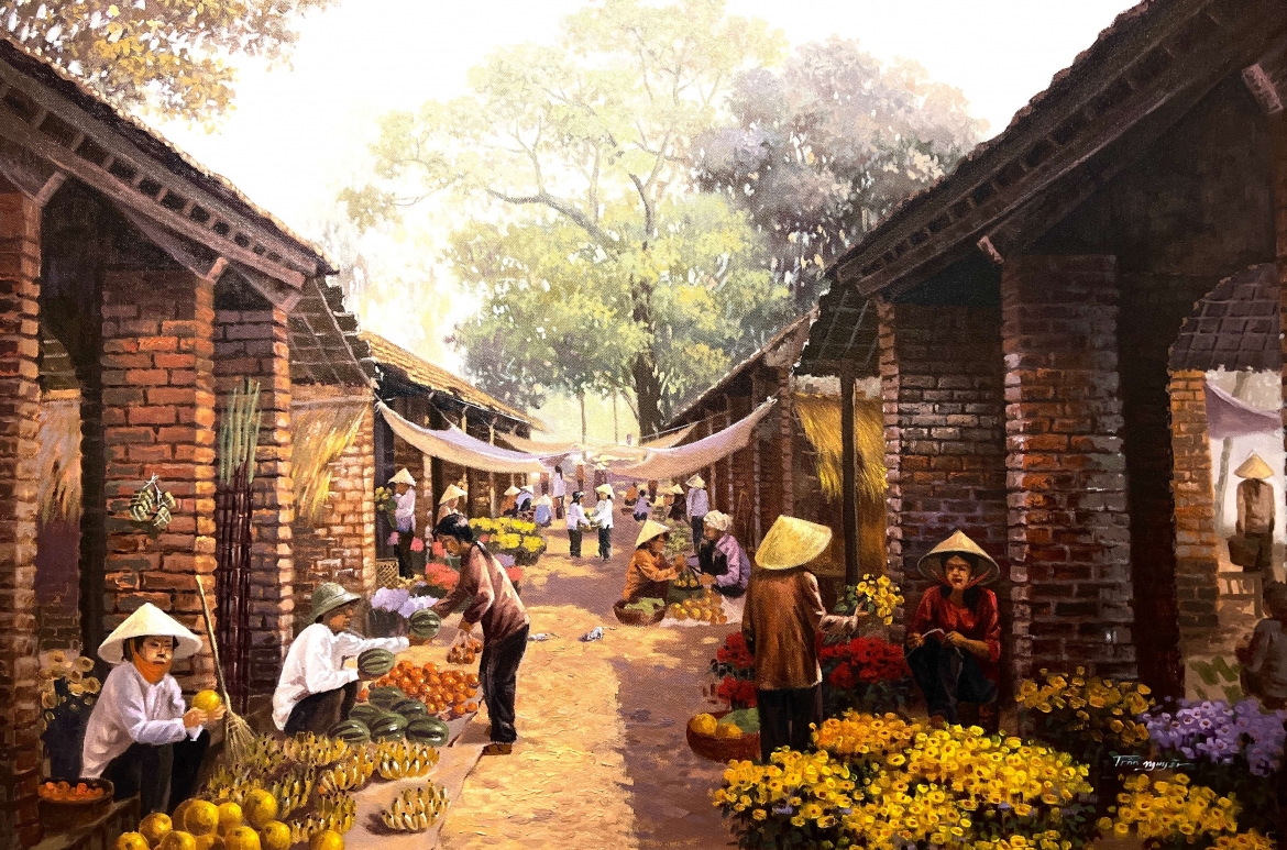 Cảnh gia đình đoàn viên sum họp cùng gói bánh chưng, dòng người nô nức đi chợ sắm Tết, đường làng ngõ xóm náo nhiệt cảnh trẻ con nô đùa ngày Tết... lần lượt được tái hiện chân thực và sinh động qua từng nét vẽ.