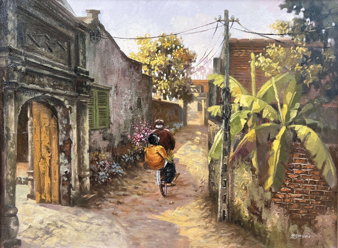 Mỗi bức tranh của Trần Nguyên như thước phim ngược dòng thời gian, đưa khán giả trở về quá khứ với khung cảnh Tết đậm chất làng quê Bắc Bộ xưa. ​​​