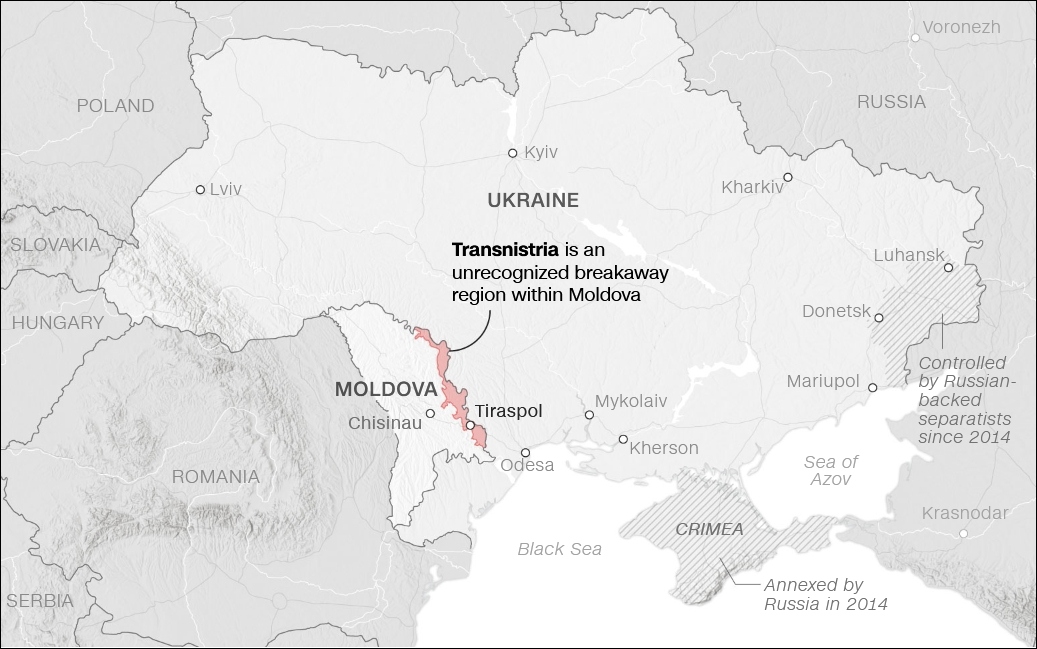 Vùng ly khai Transnistria trên bản đồ Moldova và Ukraine. Nguồn: Encyclopedia Britannica; Đồ họa: CNN.
