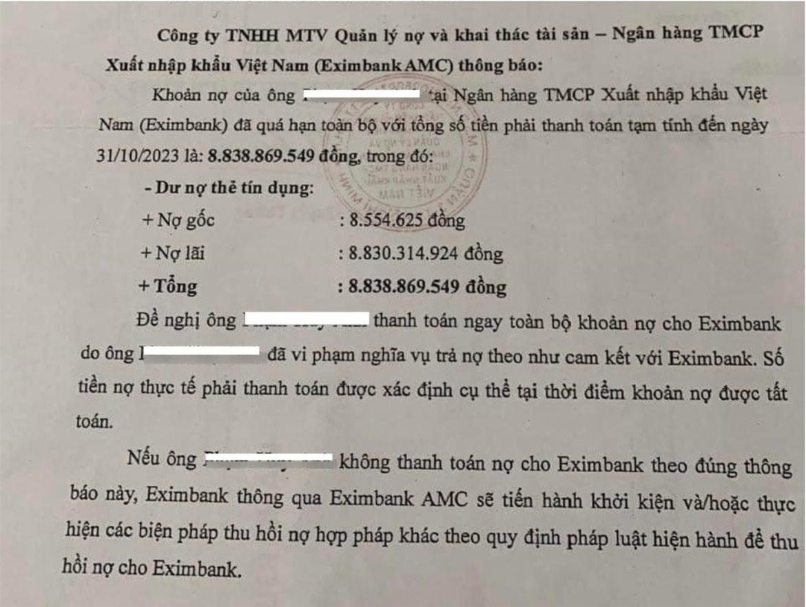 Thông báo của Eximbank nêu rõ khoản gốc hơn 8,5 triệu đồng và tổng dư nợ hơn 8,8 tỷ đồng