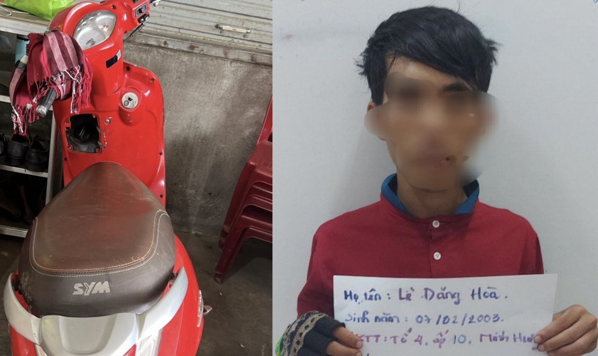 Lê Đăng Hòa cùng tang vật là chiếc xe máy trộm cắp tại tỉnh Đắk Lắk