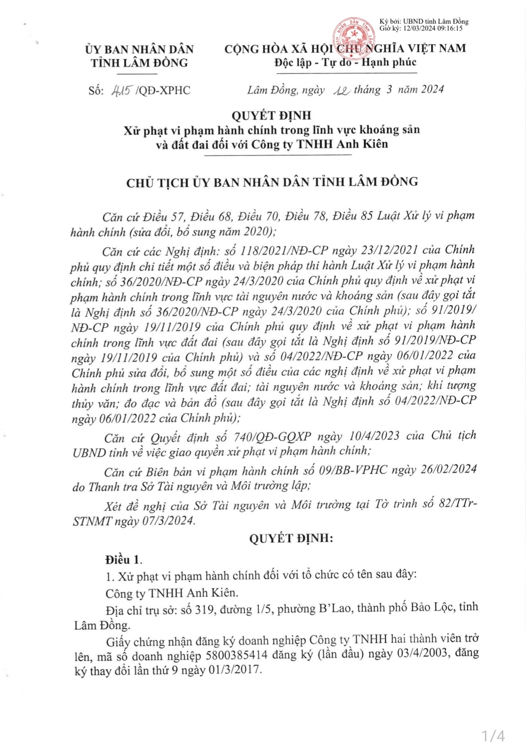 Quyết định xử phạt vi phạm hành chính Công ty TNHH Anh Kiên của UBND tỉnh Lâm Đồng