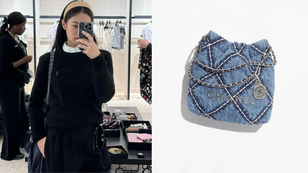 Túi xách mini Channel 22 khâu denim &amp; kim loại tông bạc xanh