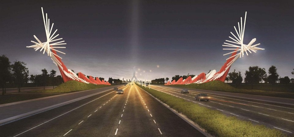 Nhịp cầu dài 1.000m, khoảng cách trụ 500m, đỉnh tháp cao 158m, chịu được động đất cấp 8.