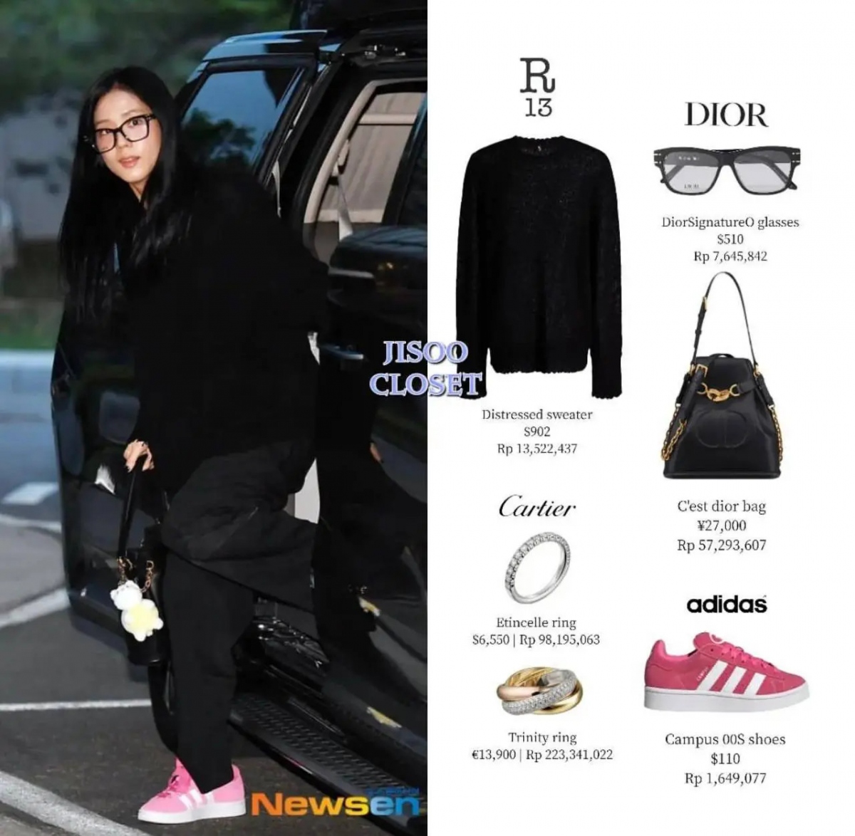 Một bộ trang phục khác được Dispatch hé lộ từ buổi hẹn hò của Jisoo cũng toát lên sự đơn giản và thoải mái. Tại đây, người đẹp BLACKPINK diện set đồ toàn màu đen kết hợp với giày thể thao Adidas màu hồng và túi C'est Dior. Tưởng chừng đơn giản nhưng giá trị của bộ trang phục này cũng khá đắt đỏ, gần 25.000 USD.