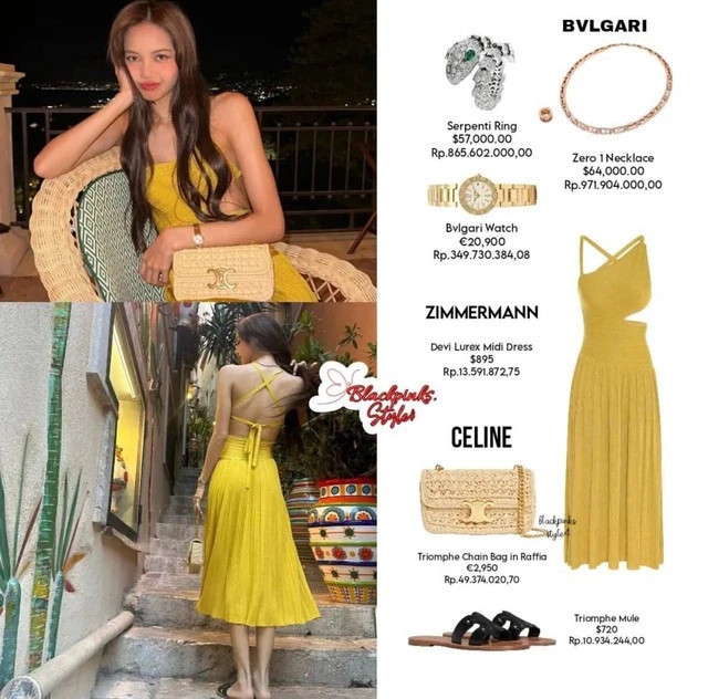 Diện mẫu váy dài thướt tha cut-out khoe trọn lưng trần quyến rũ cũng phải nhường chỗ cho giá trị "khủng" của outfit này (khoảng 3,5 tỷ VNĐ), spotlight tiếp tục hướng về loạt trang sức đắt đỏ của BVLGARI. Đây là set đồ Lisa từng diện khi đi du lịch cùng gia đình bạn trai tin đồn.