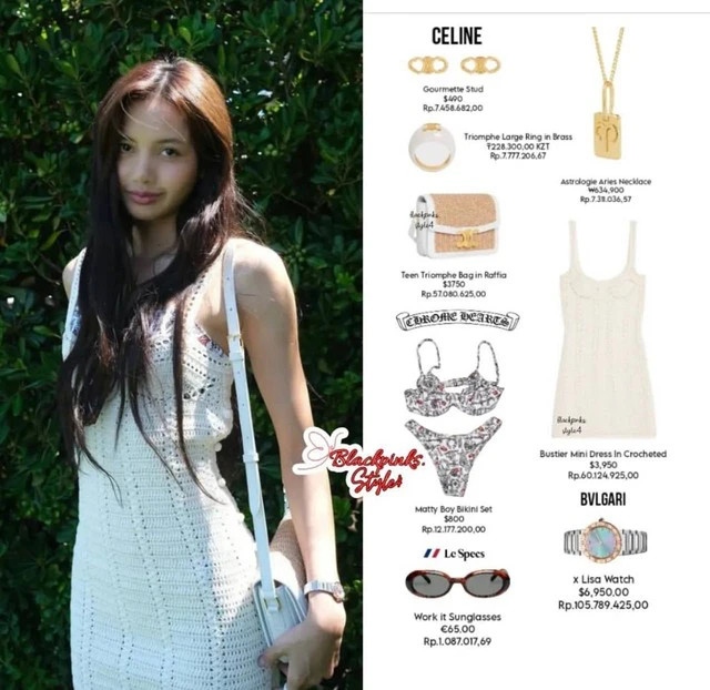 Cũng trong kỳ nghỉ đó, Lisa toát lên vẻ thanh lịch và quyến rũ trong bộ bikini họa tiết kết hợp cùng váy ngắn và nhiều phụ kiện đa dạng mang hơi hướng mùa hè mạnh mẽ. Giá trị của bộ quần áo này "khiêm tốn" hơn, khoảng 400 triệu đồng.