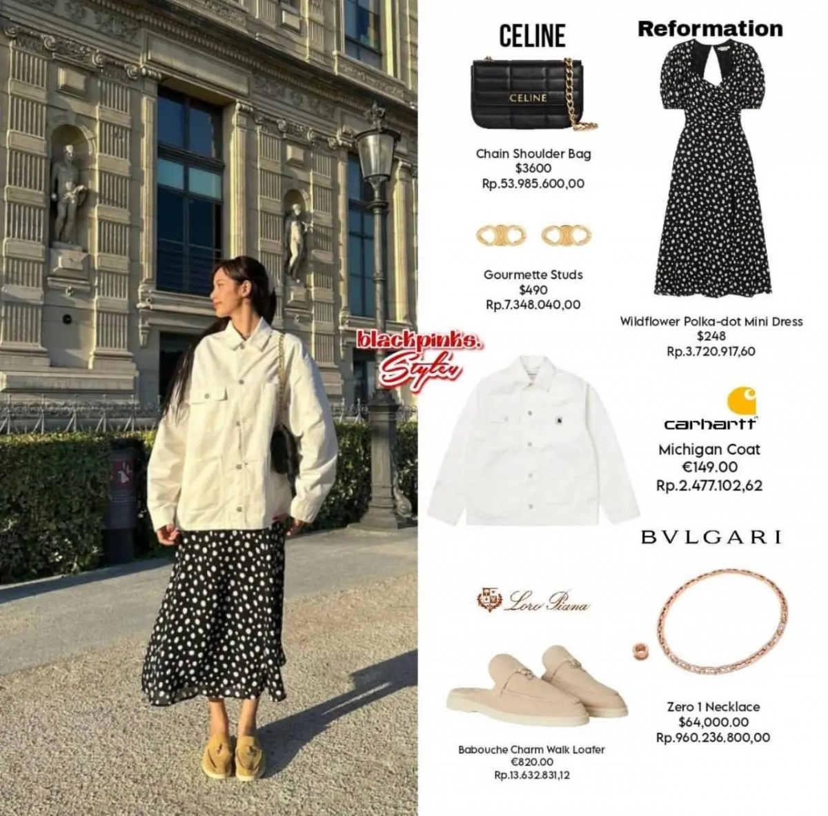 Một trang phục hẹn hò khác của Lisa trông thật nữ tính với váy họa tiết mini kết hợp cùng áo khoác trắng và giày loafer. Cô tạo điểm nhấn cho bộ trang phục bằng phụ kiện sang trọng của BVLGARI và Celine – hai thương hiệu mà cô làm đại sứ vào thời điểm đó. Trong số đó, chỉ riêng chiếc vòng cổ Zero 1 đã có giá 64.000 USD.